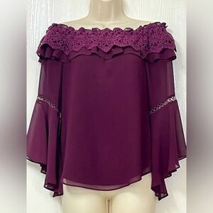 🟢 WHBM Burgundy Top with Lace Details and Flare Sleeves